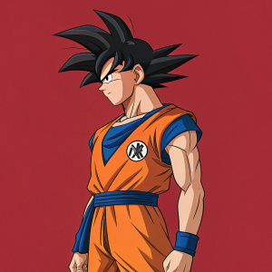 Digital illustration of Goku, from Dragon Ball. Orange and blue gi. Black spiky hair. Solid red background