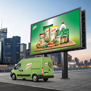 Digital billboard featuring a bright green Castrol AllPro van. The van is adorned with food prep gear and Castrol branding. A sleek digital interface showcasing Castrol products in the foreground.