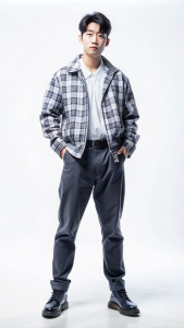 Generate a full-body image of a South Korean male idol from a popular K-pop group. He should be stylishly dressed in modern streetwear, showcasing a confident pose. Please remove the background.