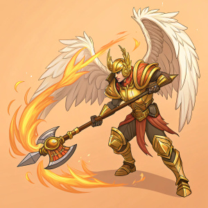 Gerke from IDLE HEROES, an angelic warrior with golden armor and fiery axe. In dynamic combat pose against plain orange backdrop