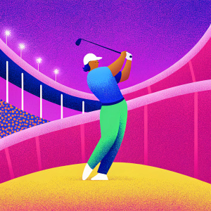 Tommy Fleetwood mid-swing at a PGA tournament. White cap, blue shirt, green pants. Crowded stadium in background.