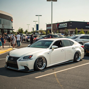 A sleek white Lexus GS 350 F Sport parked in a busy parking lot. The vehicle stands out against a backdrop of various cars and a signposted building. Bright daylight illuminates the scene, highlighting the car's modern design and angular body.