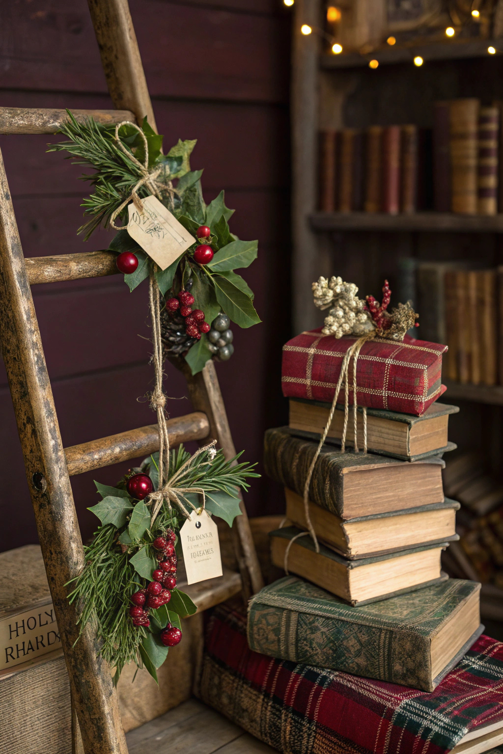 Librarian’s Holiday (Books & Botanicals)

For the reader who decorates with stacks of novels, this is peak cozy. Blend mini books, pressed florals, and deep burgundy with antique brass accents.

How to Pull It Off

DIY tiny book ornaments with cardstock covers and twine.

Clip on botanical sprigs—think holly, seeded eucalyptus, or faux dried flowers.

Use plaid ribbon and wax-seal-style tags as ornaments.

Place a vintage ladder or stack of old