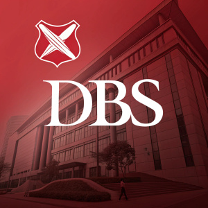 The logo for DBS Bank. Clean design with 'DBS' in bold, white letters against a red background. Professional and modern. Red and white colors contrast for easy recognition.