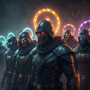 Epic group shot from Mortal Kombat featuring numerous warriors. Dark, moody setting with vibrant, glowing halos around their heads.