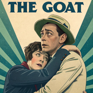 Vintage promotional poster for 'The Goat' (1921). Buster Keaton and co-star in dramatic embrace. Rich hues of blue, green, and beige