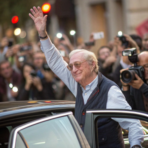 Michael Caine, the iconic actor, waving from a car. The event is crowded with flashing cameras. He is in a casual outfit with a vest and shirt.