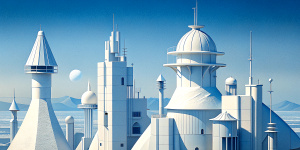 White illustration,  Wes Anderson style, 
 structural aesthetics, collage of many complex metal steely architectures with lighthouse, the bigest ocean and huge blue sky, white, gain paper