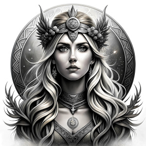 Frigg - Nordic Goddess perfect realistic art, high-definition grey and black, white background tattoo design