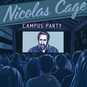 Nicolas Cage's fan meet-up at Campus Party. The setting is an indoor venue with a large, animated screen showing his face. A blue banner with Campus Party logo hangs behind. Diverse crowd, engaged and excited.