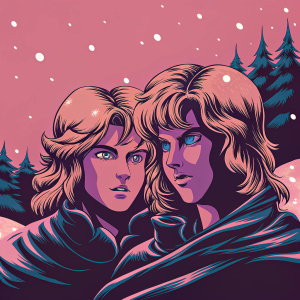 A vibrant digital illustration showcasing Freya and Natasha from the Saint Seiya universe in a wintry scene. The两位主角的金色发丝和独特的面部特征在画面中尤为突出。背景是白雪皑皑的冬日仙境，雪花轻轻飘落，常青树点缀其间。色彩柔和，以粉色、棕色和各种绿色和蓝色的色调为主。画面焦点集中在两位主角身上。