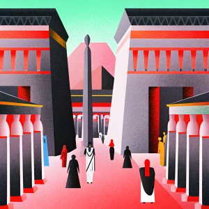 In the heart of a bustling ancient Egyptian city, adorned with vibrant hues and intricate details, stands a grand marketplace. Ornate buildings, towering columns, and majestic statues line the streets, while locals in traditional attire go about their daily lives. The scene, a digital illustration, showcases the richness and complexity of ancient Egyptian culture.