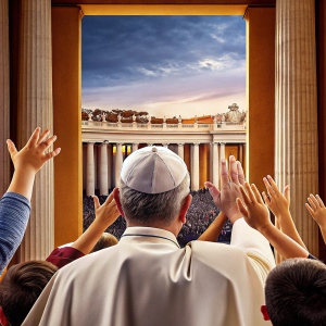 Pope Francis waving from a balcony in the Vatican. Crowds of enthusiastic believers gathered below, reaching out to him