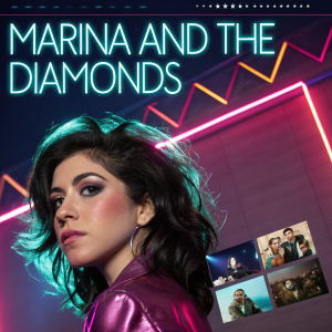 Homepage of a contemporary music blog. Highlighting Marina and the Diamonds. Embedded videos, photos, and detailed artist biography. Neon-themed background.