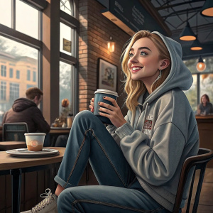 Peyton List in a casual outfit, jeans and a hoodie, hanging out in a trendy coffee shop.