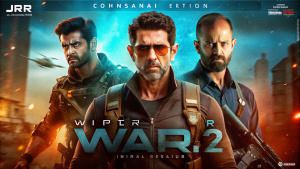 a dark cinematic movie poster called "War 2", full of action, jr ntr and hritik roshan fighting, full of futuristic and action just like expandables movie