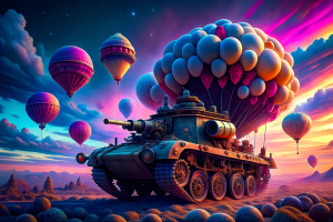 tank of the future made with air balloons hyper realistic apocalyptic background vivid colors 3D 4K defined