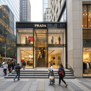 A Prada boutique in a bustling city. The storefront has a sleek modern design with large glass windows showcasing designer clothing and accessories. The entrance is adorned with steps and the Prada logo. Crowds of people walk by.