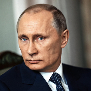 Close-up photo of Vladimir Putin. Formal navy suit. Striking gaze, no background details.