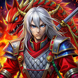 anime, best quality, A mercenary in red armor,  red armor with dragon ornament, twenty two katanas with a dragon pattern, square hard face, white l hair, blue eyes, male facial features