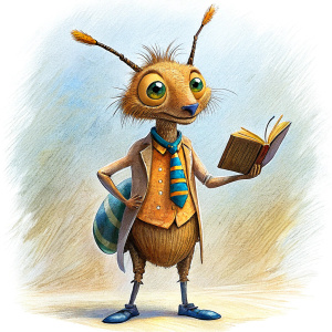 a wise old ant dressed like an african, holding a history book in the style of 'fantastic mr fox' cartoon, full shot