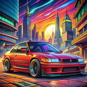 1990 honda civic, crx, hatchback, wide body kit, lowered, oversized wheels, very detailed rims, race rear wing, cinematic background