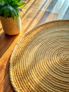 top-down close-up view of the table surface, jute rug on the table, light background, daylight
