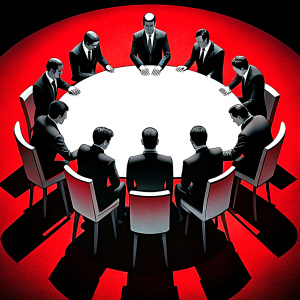 a round table at which people sit with their heads bowed and hands on their shoulders