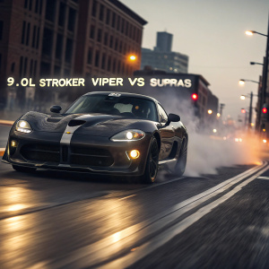 High-speed chase scene. Black sports car, labeled '9.0L Stroker Viper VS Supras', speeding down a city street.