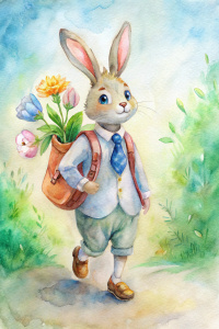 happy hare in a school uniform with flowers in her hand and a school backpack on her back goes to school, drawing with paints, watercolor