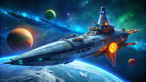 giant spindle-shaped dreadnought starship in the shape of a steel-colored carrot in orbit of a blue planet, turrets on the hull, protruding engines, long antennas, colored lights on the hull