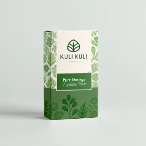 Boxed Kuli Kuli Pure Moringa Vegetable Powder. Green packaging. Emphasizes organic and nutrient-rich content. Product name and brand logo 'Kuli Kuli' prominently displayed. Simplistic and informative design.