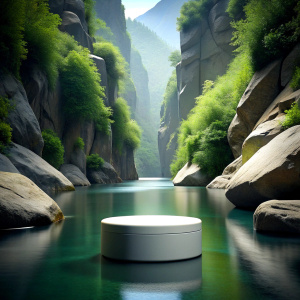 SIMPLE empty stage single level for product display for beauty product display set in nature WATER AND rocks