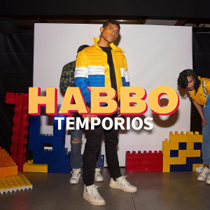 A digital artwork showcasing the Habbo Temporios logo. Bright, retro pixel art style with simple white backdrop.