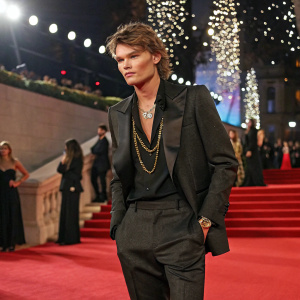 Jordan Barrett, a white man with short brown hair and gold chain, attending a glitzy awards show.