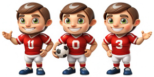 set of A cartoon football player, cheerful big expressive eyes, in different poses ,front view, side view, rear viewon, a white background
