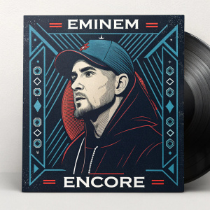 Cover art for Eminem's album 'Encore'. Dark blue and black color scheme. Eminem's portrait with Arabic text环绕 Eminem 的肖像。现代图形设计，强烈视觉元素。