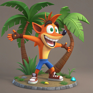 3D rendering of Crash Bandicoot, a video game icon. Character is seen in a dynamic pose with a wide grin, clad in his signature orange, blue, and brown attire. Set against a backdrop of a lush, vibrant palm tree with a robust trunk and verdant foliage. Digital illustration