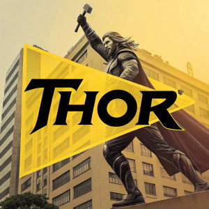 Modern digital illustration of Marvel's Thor logo. Bold yellow color with black font 'Thor' and additional text in Portuguese.