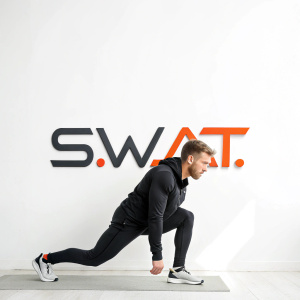 Modern logo design featuring the acronym S.W.A.T. in bold, futuristic font. The background is a solid white, emphasizing strength, wellness, athleticism, and training.