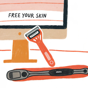 Gillette's new website design. Sleek razor with modern elements. Onscreen message welcoming users. Emphasizes skincare focus with 'Free Your Skin' campaign.