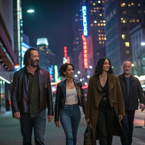 Keanu Reeves, Jada Pinkett-Smith, Monica Bellucci, and Hugo Weaving walking down a busy city street at night. Neon lights and skyscrapers in the background.