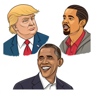 Cartoon caricatures of Donald Trump, Barack Obama, and another celebrity. Colorful and humorous illustration on a white background.