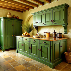 A beautiful forest green cabinet set in a rustics kitchen with tan walls