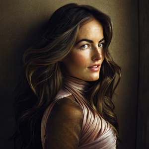 Professional portrait of Camilla Belle. Wearing a light pink, high neck dress. Soft lighting illuminates her warm-toned complexion. Subtle makeup. Plain beige background