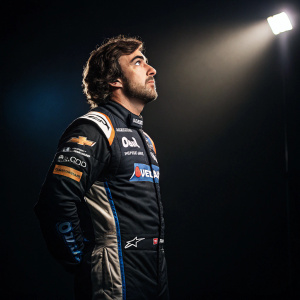Fernando Alonso, intense stare, racing suit with sponsors' logos, standing alone in a dark studio, spotlight on his upper body and face