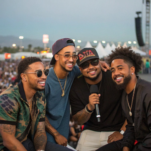 Raz-B, Lil' Fizz, J-Boog, and Omarion, former members of B2K, posing for a casual interview at a music festival. Festive crowd in the background.