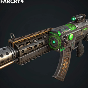 3D model of a futuristic weapon from Far Cry 4. Intricate design with metal gears and camouflage paint. Dark background with glowing green accents. Brand name 'FAR CRY 4' prominently displayed at the top