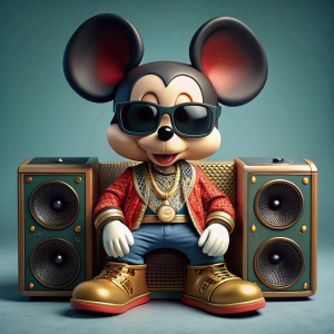 mickey mouse con ropa gucci estilo rapero sentado en un parlante