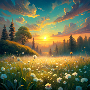 Vintage Old, Spring Meadow with small white Wildflowers with the Sunrise in the background. Photo Realistic